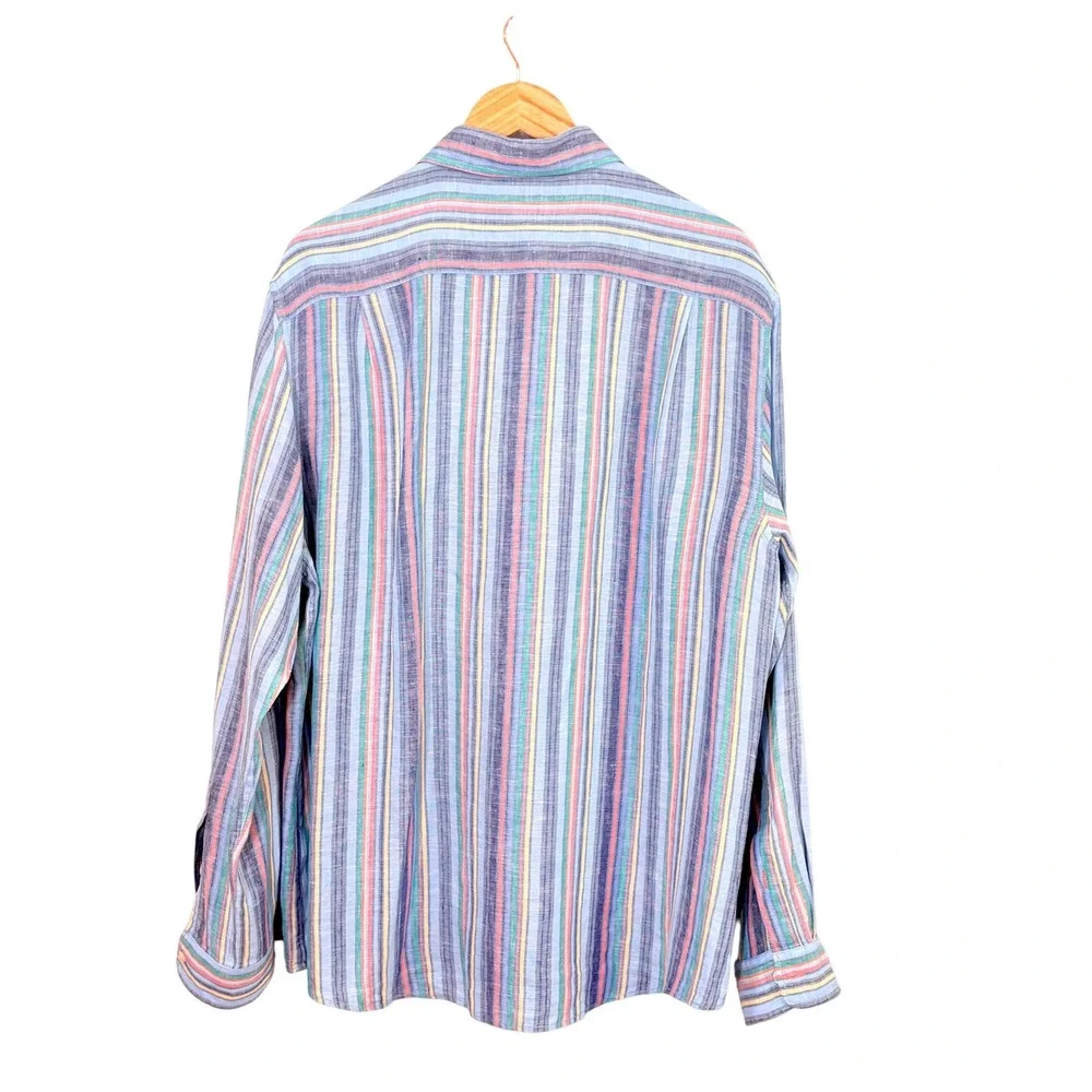 Black Brown Mens Linen Blue Striped Button Down Shirt XL Roll Tab Coastal Preppy